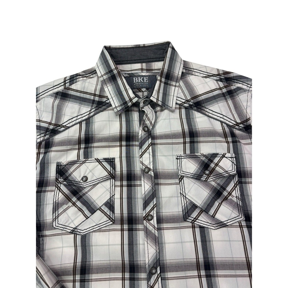 BKE Mens Athletic Fit Western Plaid Pearl Snap Shirt White Black Grey‎ Large - Picture 15 of 16